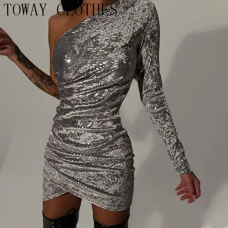 

Dress For Women 2022 Glitter One Shoulder Sequins Ruched Dresses Sexy Mini Club Bodycon Party Vestidos Elegantes Para Mujer