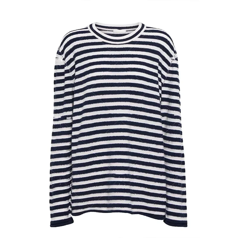 LUXURY-Сине-белый вязаный свитер в полоску для женщин смешанный кашемир круглый