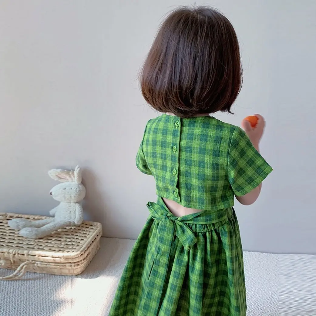 

HoneyCherry Girl's Summer New Thin Princess Dress Back Hollow Plaid Dress Girl Clothes