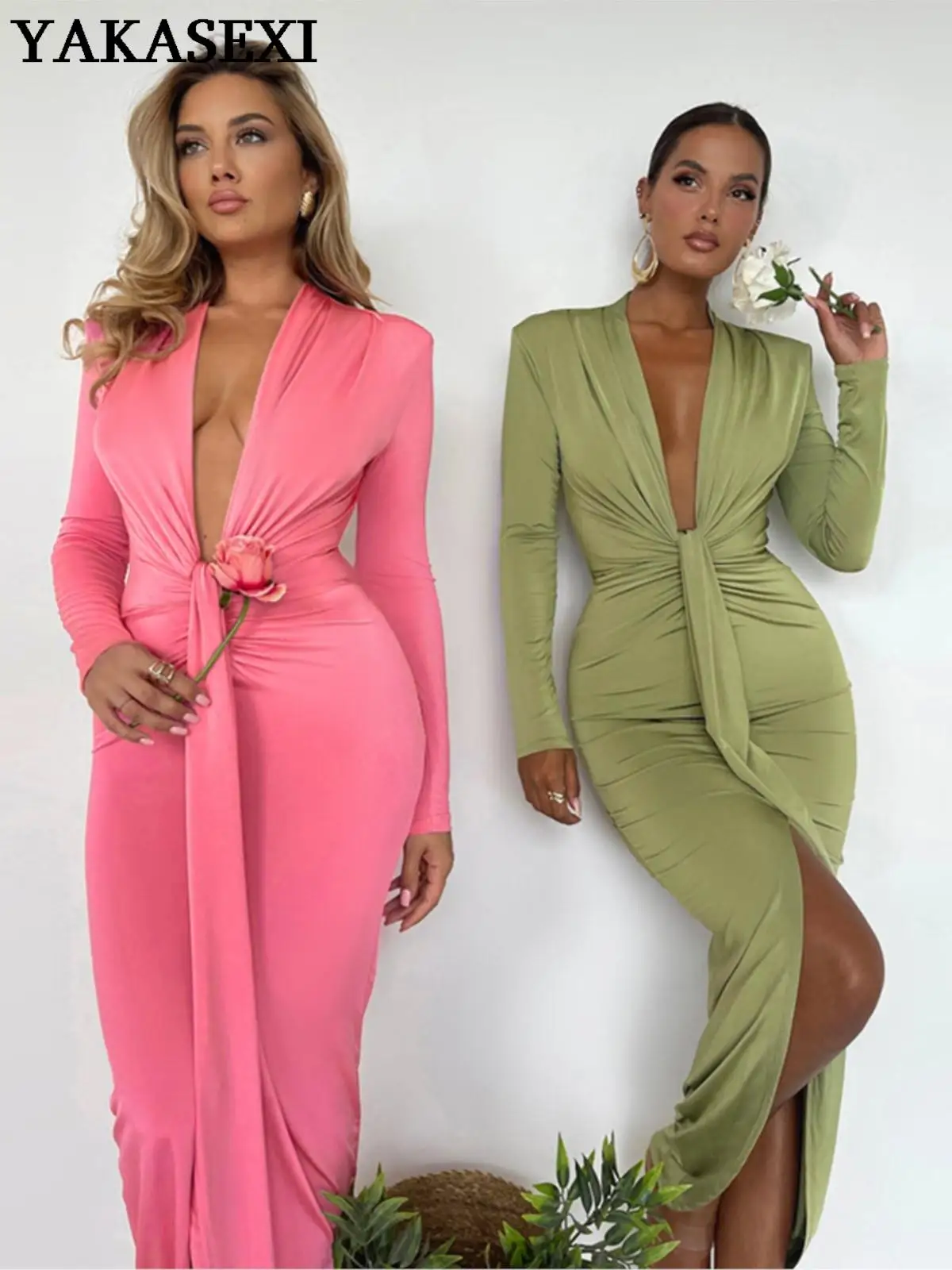 

YAKASEXI 2022, Платье макси с глубоким V-образным вырезом и рюшами, женские платья с длинным рукавом и наплечниками, осенне-зимние облегающие плать...