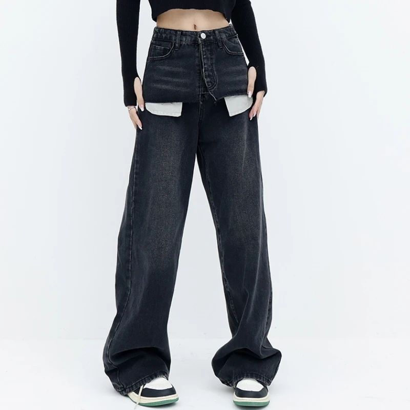 

Женские черные джинсы, нестандартные американские модные уличные джинсы в стиле High Street с широкими штанинами, Женские Мешковатые брюки, прямые джинсовые брюки