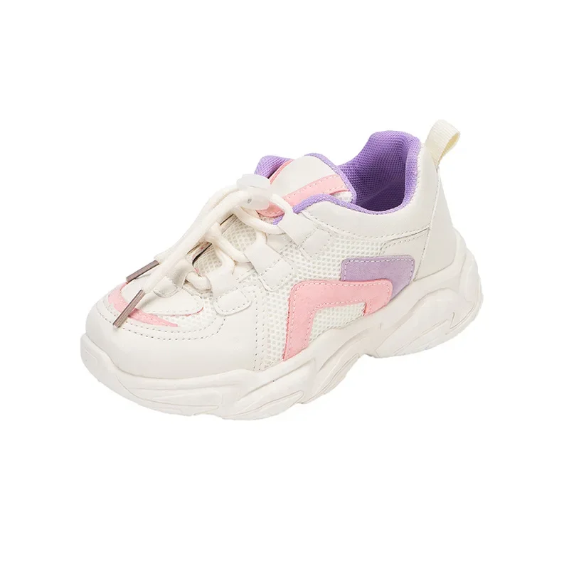 

Size 26-37 Mesh Breathable Fashion White Soft Boys Girls Running Shoes Kids Autumn Chunky Round Toe Sneakers Patchwork Non-slip