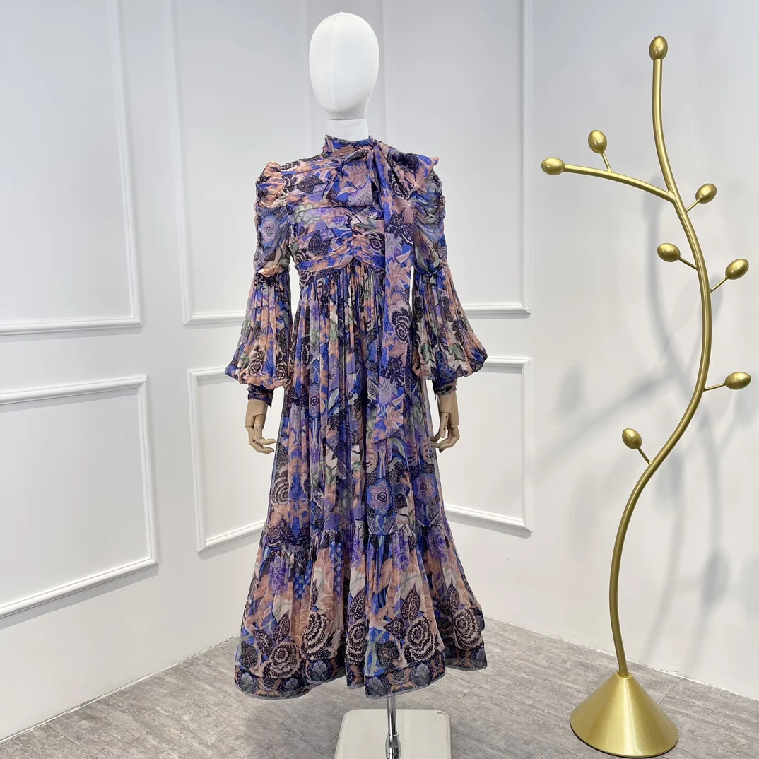 

2022 Autumn Top Quality Purple Floral Printing Midi Length Dress Women