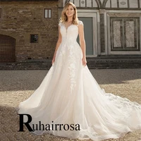 ruhair exquisite wedding dresses for women lace up queen brush train elegant short sleeve custom made robe de soire mariage