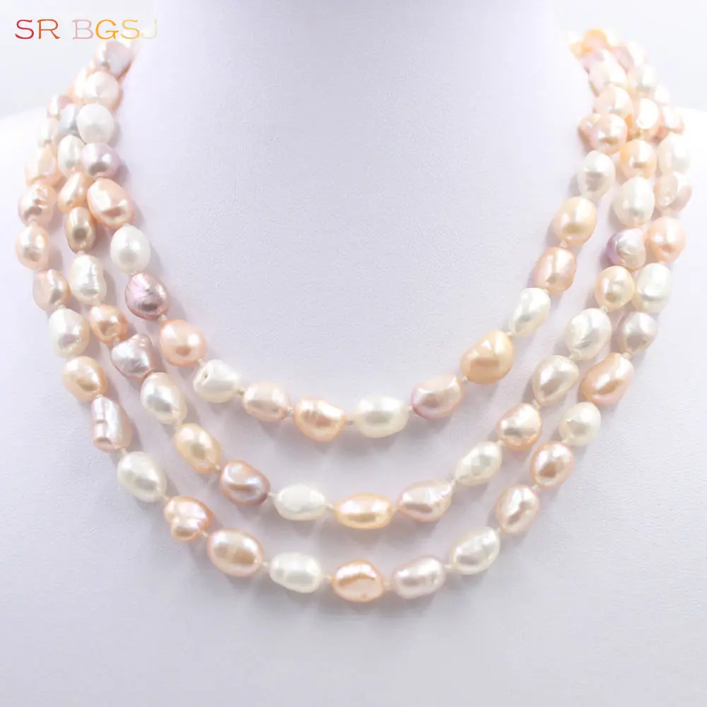 

Free Shipping 8x10mm 48" 64" 100" Mixed Colors Freshwater Pearl Beads Knot Jewelry Women Lady Long Necklace 35inch