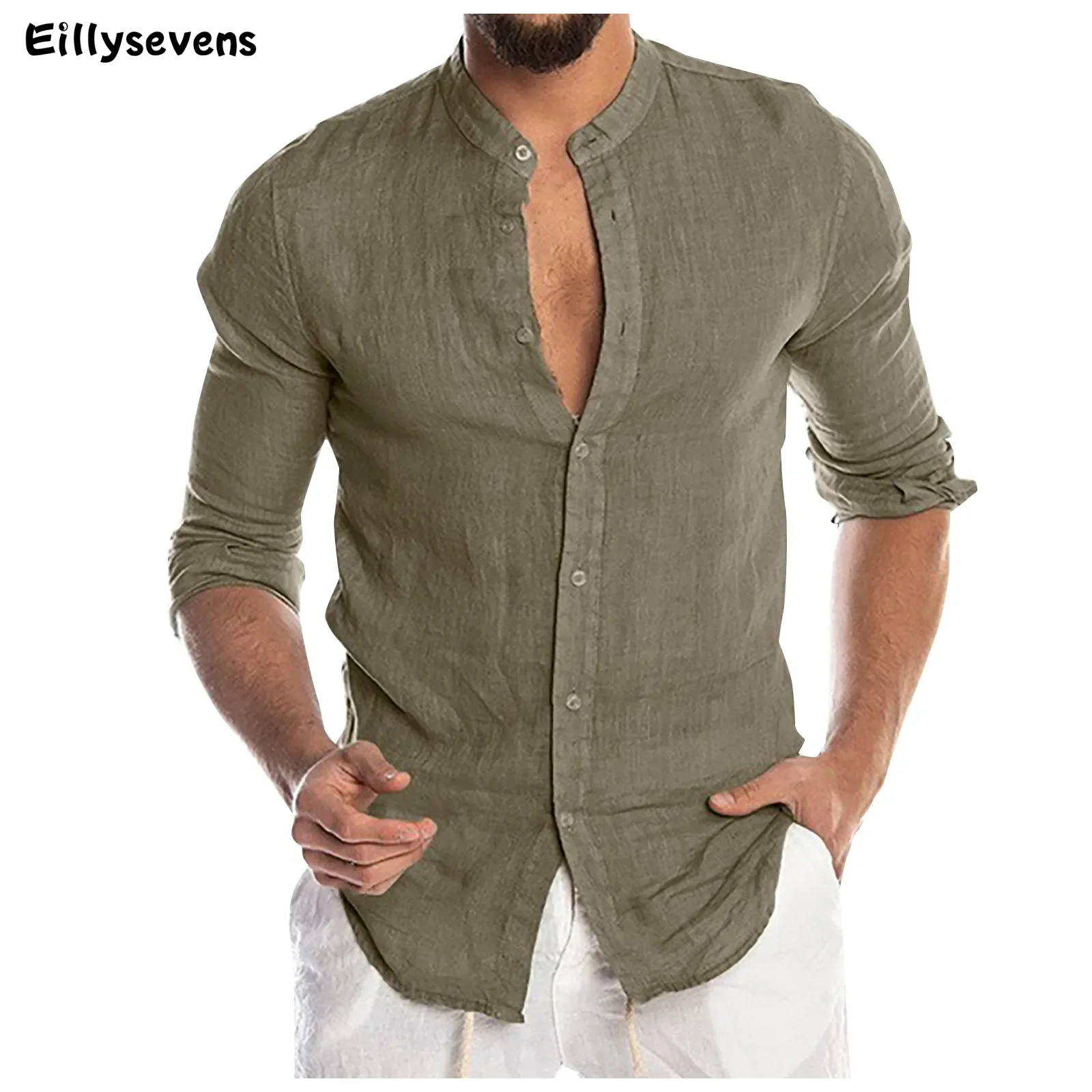 Летние мужские рубашки повседневная блузка с воротником-стойкой