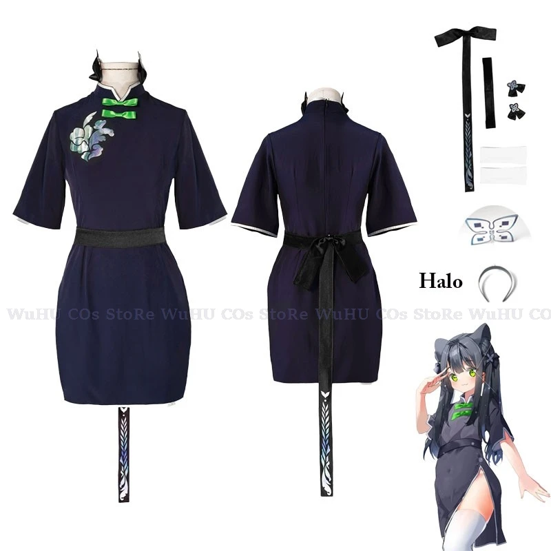 Аниме Синий Архив Косплей Sunonara Syunn Chilhood Костюм Темно-Синее Платье Cheongsam Заколки Halo