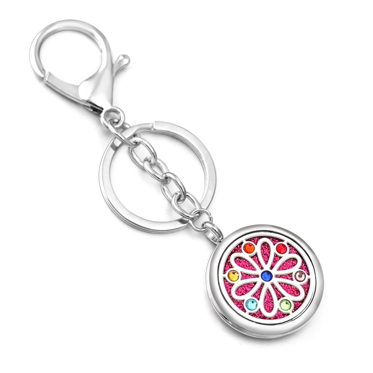 

Aromatherapy Flower Pattern KeyChain Inlaid Seven Colorful Zircon Stainless Steel Essential Oil Diffuser Perfume Locket Jewelry