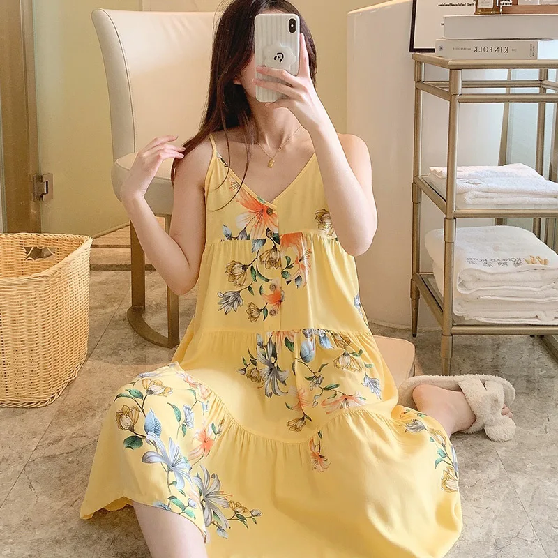2023Nightdress Women V-Neck Short Sleeve Sleepshirt Long Length  One-Piece Skirt Nightdress  Cotton Nightgown Sexy Longuette