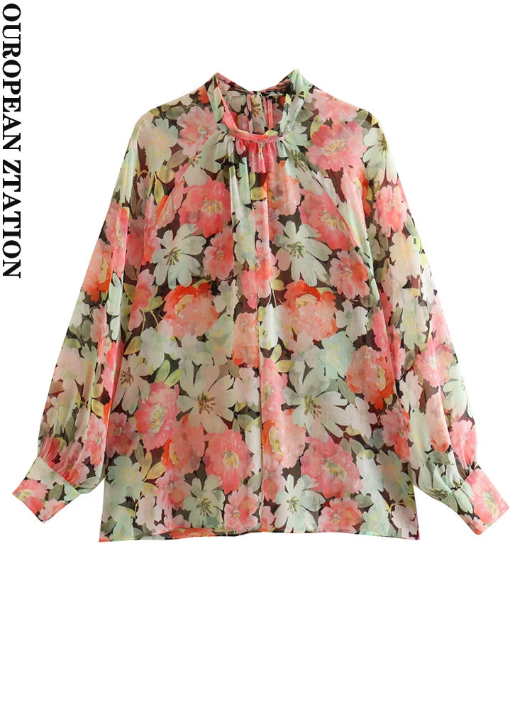 

PAILETE Women 2023 fashion with tied printed blouses vintage high neck long sleeve female shirts blusas chic tops