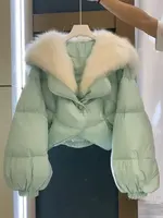 2022 Autumn Winter Women Green Parka Short High Waist Korean Style Cotton Jacket Patchwork Big Faux Fox Fur Lapel Coats Slim