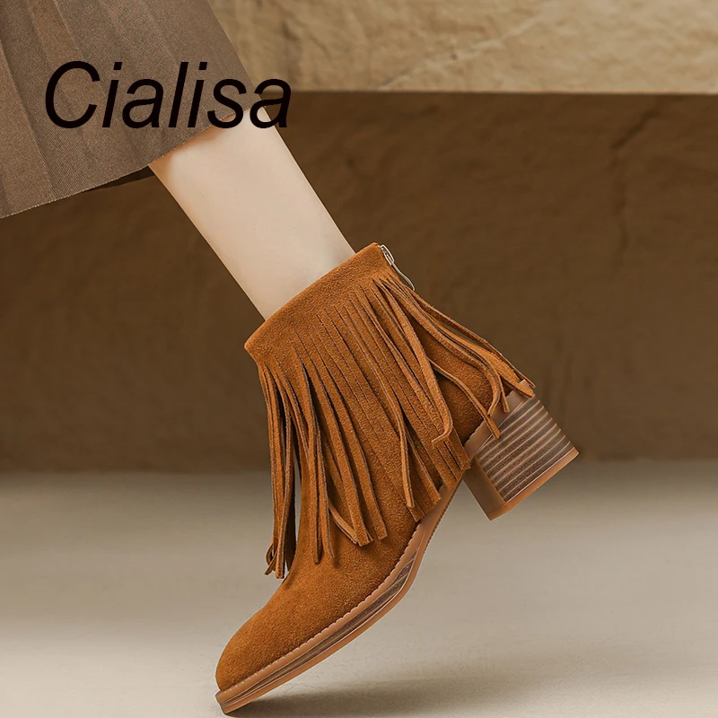 

Женские короткие ботинки Cialisa, модные дизайнерские замшевые ботинки с круглым носком, ботильоны на высоком каблуке для осени и зимы