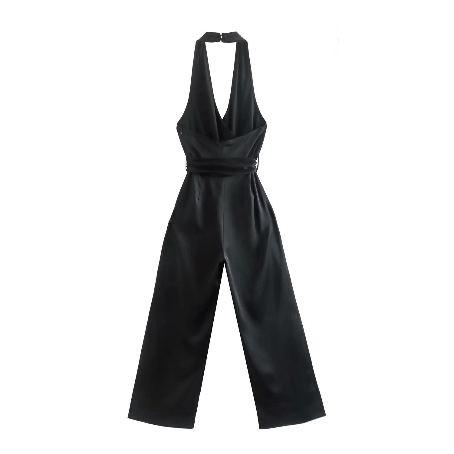 Jenny&Dave England Style Offce Lady Fashion Silk Satin Halter Tank Jumpsuits Women Casual Wide Leg Pants