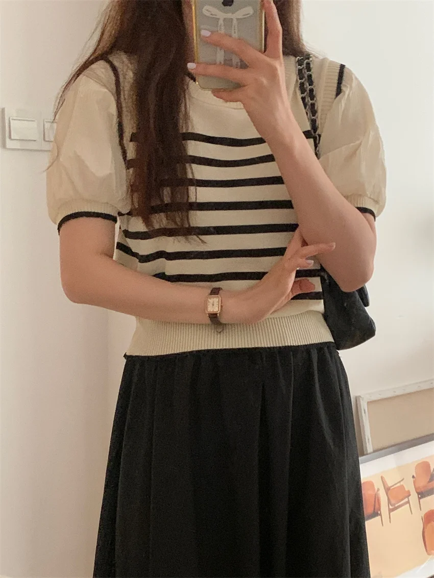 

Женский свитер в полоску Alien Kitty, свободный винтажный тонкий трикотажный пуловер в офисном стиле, милые футболки с коротким рукавом для лета