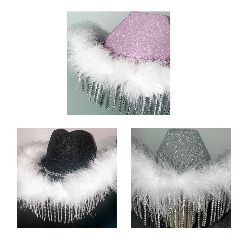 

Блестящая Солнцезащитная ковбойская шляпа с регулируемой веревкой, ковбойская шляпа для невесты, шляпа с кисточками и полями