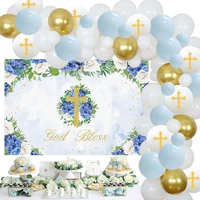 blue baptism theme background cloth balloon chain set white and gold balloon wreath boys first communion party decoration