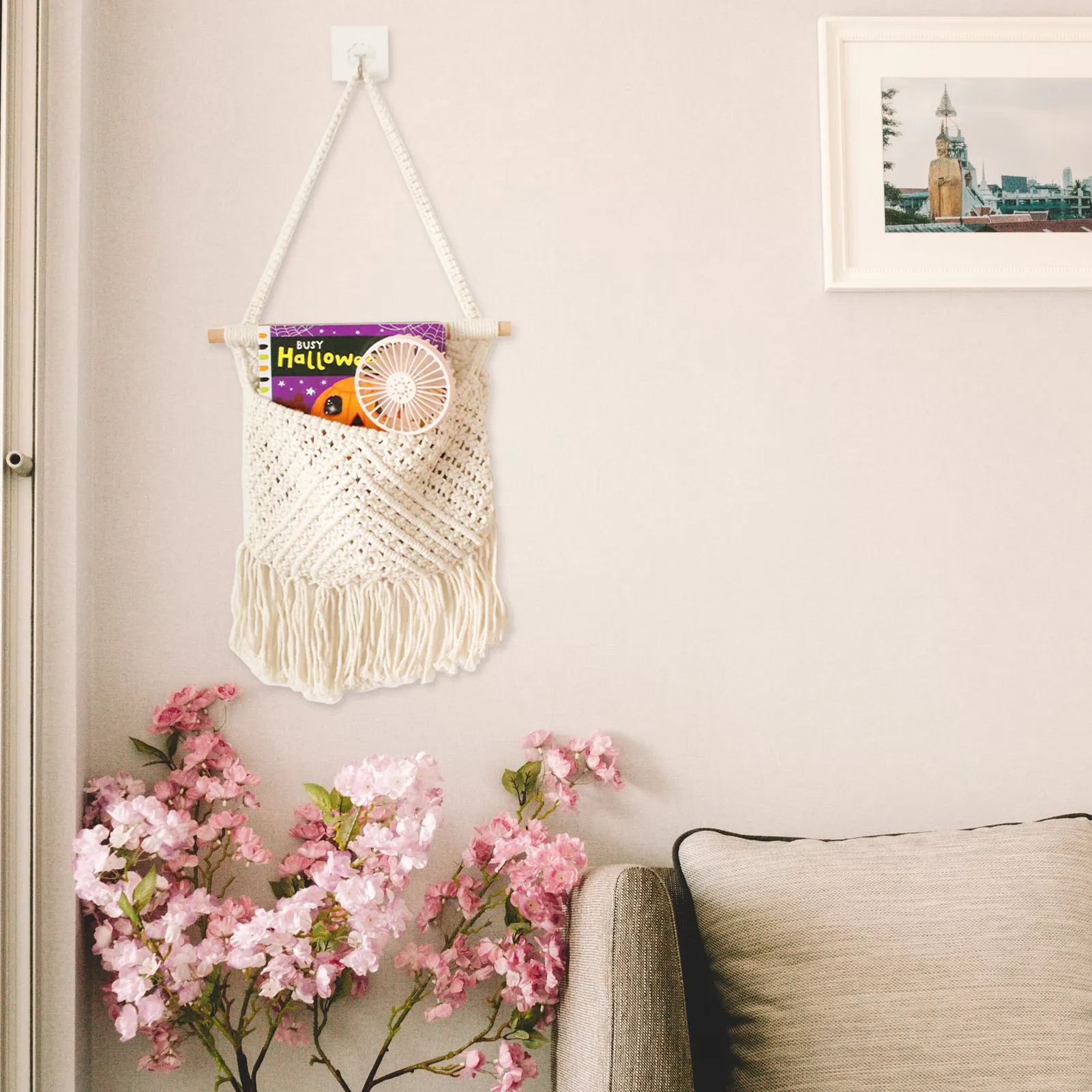 

Tapestry Wall Pockets Cream Beige Tassel Art Cotton Rope Storage Boho Wall Pocket For Birthday Gifts