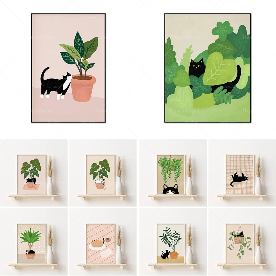 

Black cat poster, cat botanical print, tabby cat, tuxedo cat, sunflower black cat, botanical illustration. cat lover gift