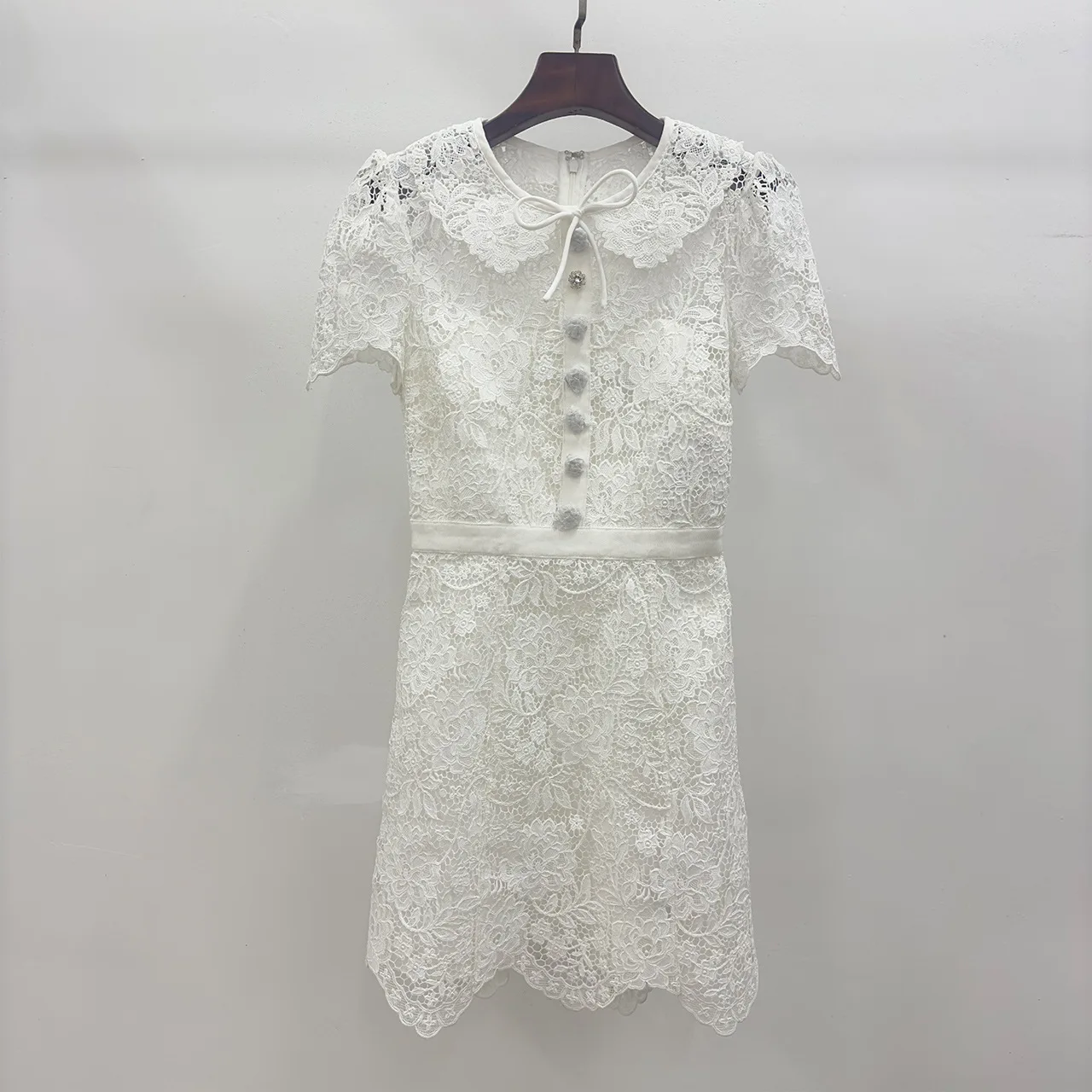 Women Mini Dress Lace Hollow Out Peter Pan Collar Single Breasted Solid Color Robe Sweet