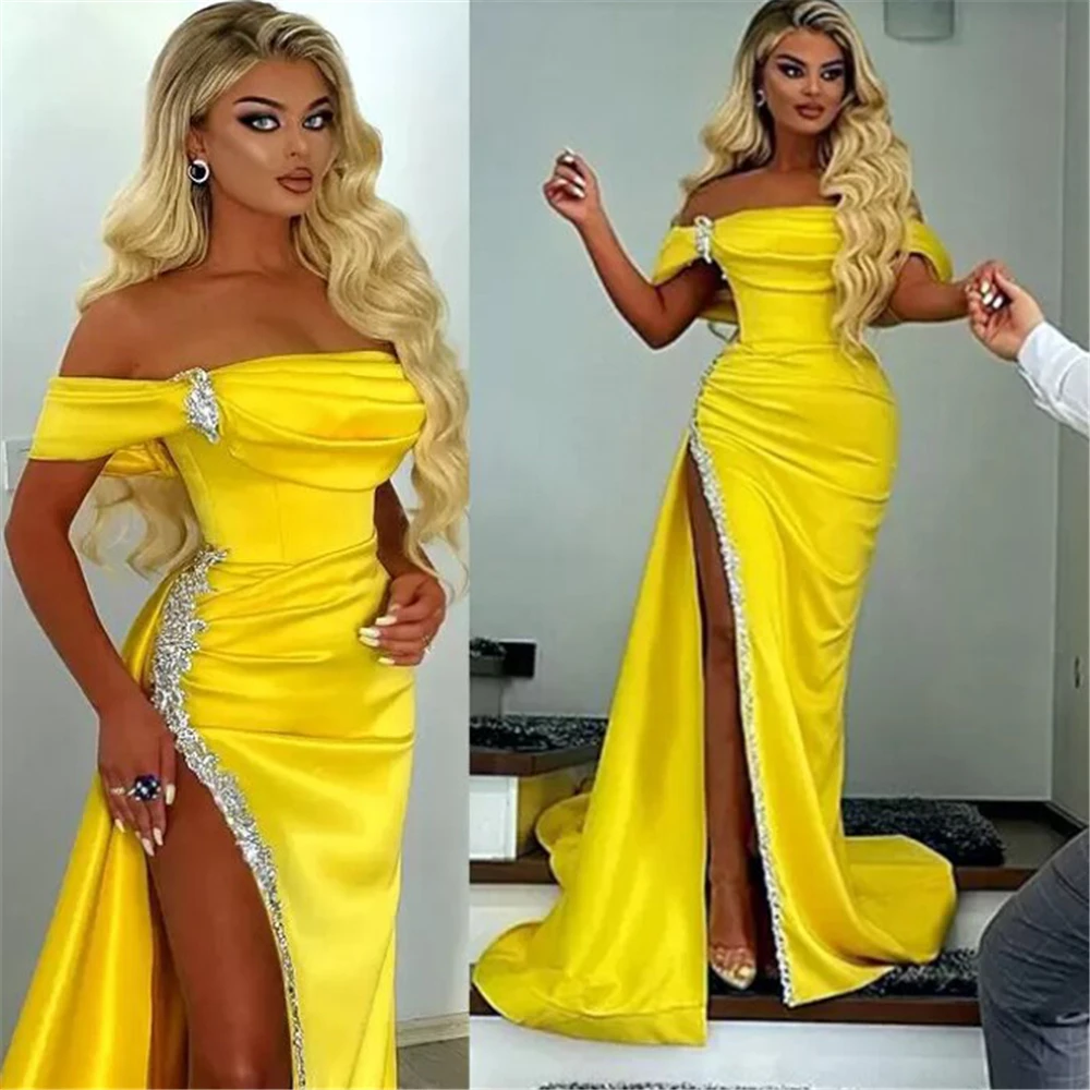 

Sexy Boat Neck Yellow Sheath High Slit Satin Formal Occasion Prom Dresses Beading Floor-length Women Evening Party Dress