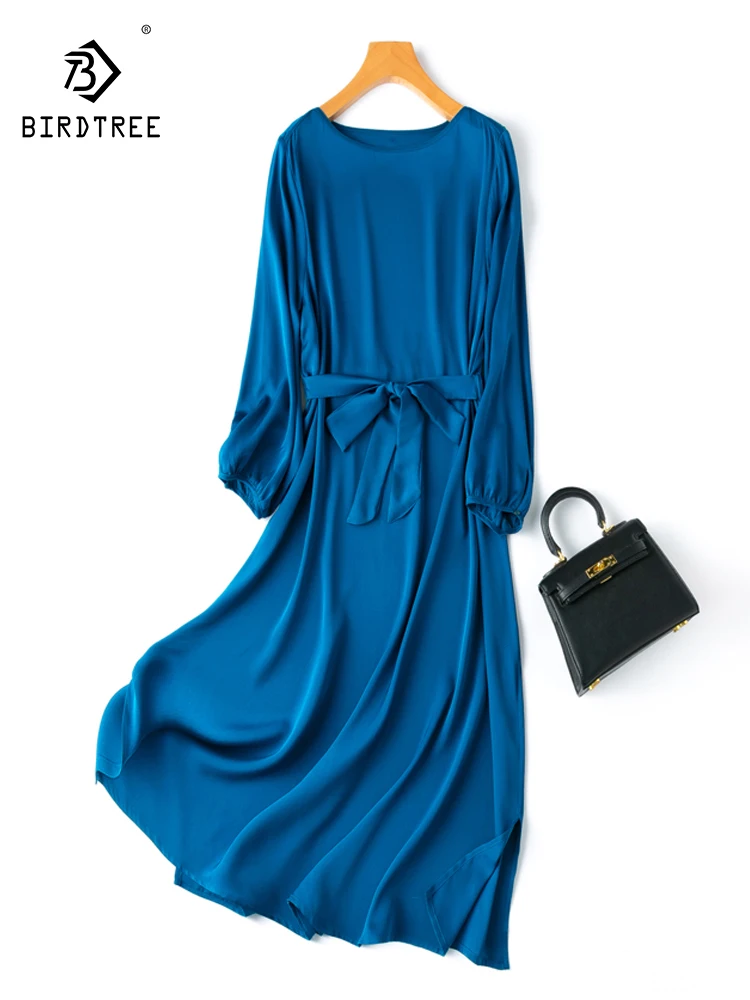 

Birdtree 19 MM 93%Mulberry Silk 7%Spandex Women Midi Dresses Solid Peacock Blue Belt Waist Boat Neck Dress 2023 New D37724QC