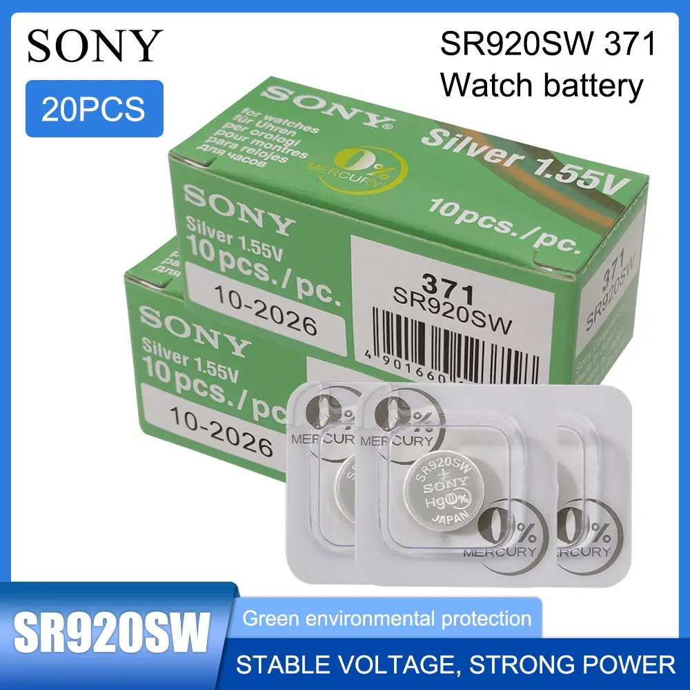 

20PCS Sony 371 SR920SW AG6 920 LR920 LR69 171 370A 371A 1.55V Silver Oxide Watch Battery Single Grain Packing Button Cell Coin
