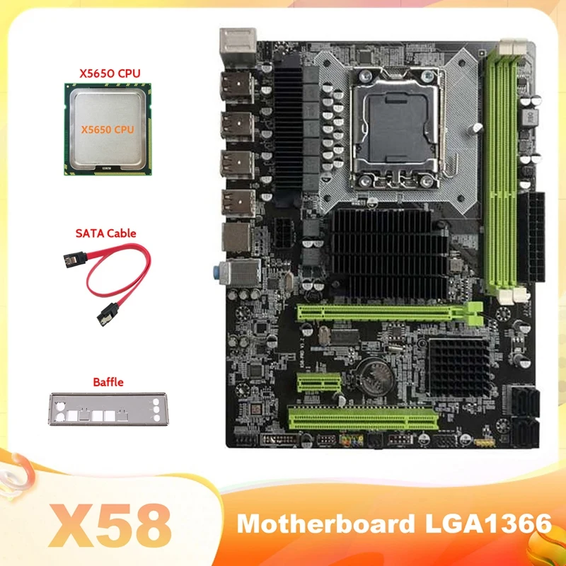 

Материнская плата X58 LGA1366 для компьютера, поддержка s DDR3 ECC памяти, с ЦП X5650 и кабелем SATA