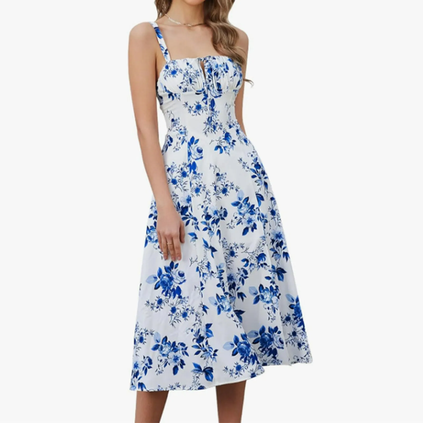 Женское винтажное платье-миди на тонких бретельках однотонное ТРАПЕЦИЕВИДНОЕ