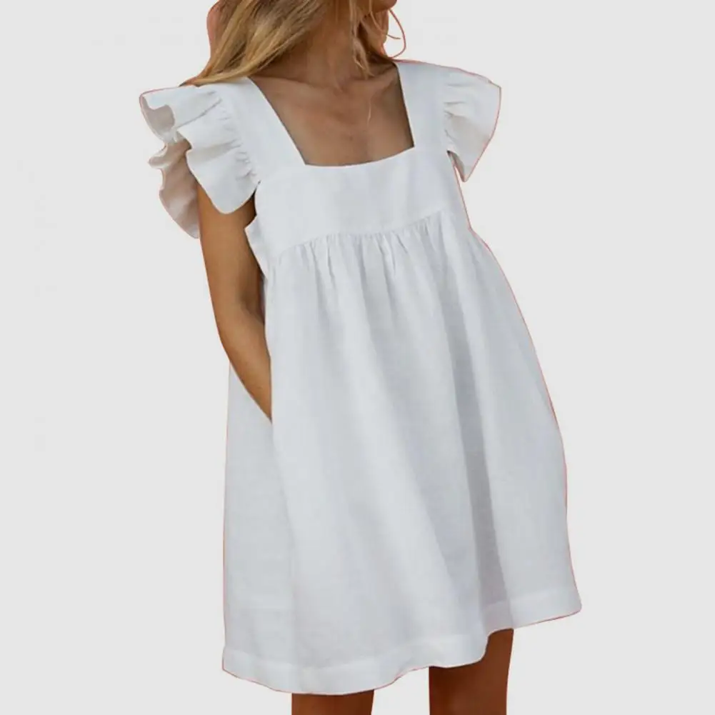 

Casual Women Dress Solid Color Ruffles summer dresses women 2022 Simple Pure Color Mini Dress Black for Beach Wear