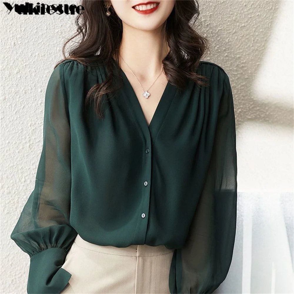 

Blusa elegante de gasa para mujer, camisa Coreana de manga larga con volantes para oficina, primavera y verano