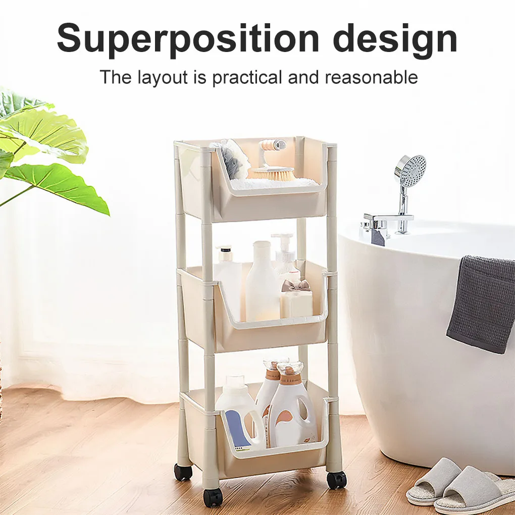 

Кухонная полка для хранения с колесами, многофункциональная стеллаж для стирки, бежевый, 3 уровня