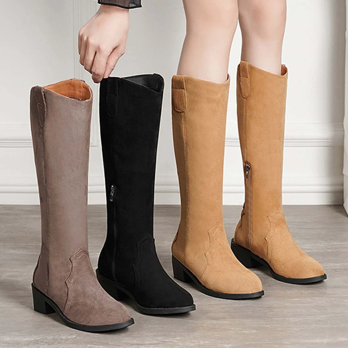 

Классические женские сапоги для верховой езды, новинка 2023, замшевые женские сапоги до середины икры с круглым носком на низком каблуке, повседневные женские сапоги