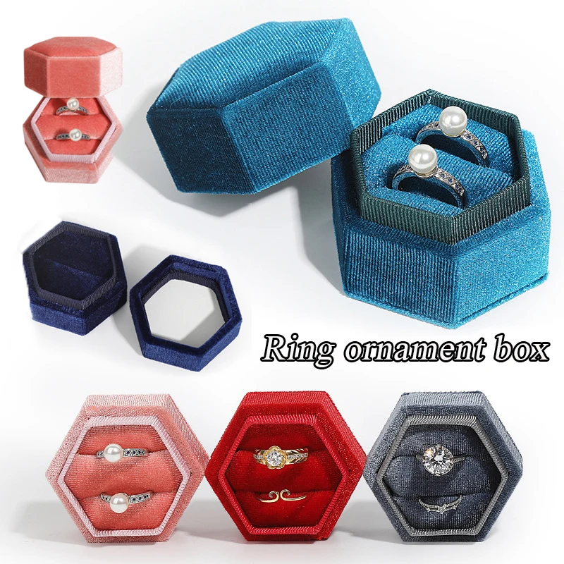 

New Velvet Jewelry Box Hexagonal Ring Box Double Ring Box Wedding Ring Box with Detachable Lid Jewelry Organizer Storage