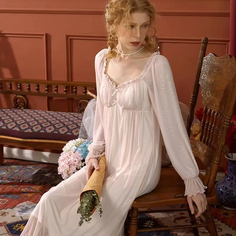 Women's Spring Autumn Noble Elegant  with Chest Pad Gauze Modal  Nightgowns Sleepshirts Comfort Sleepwear Pajamas