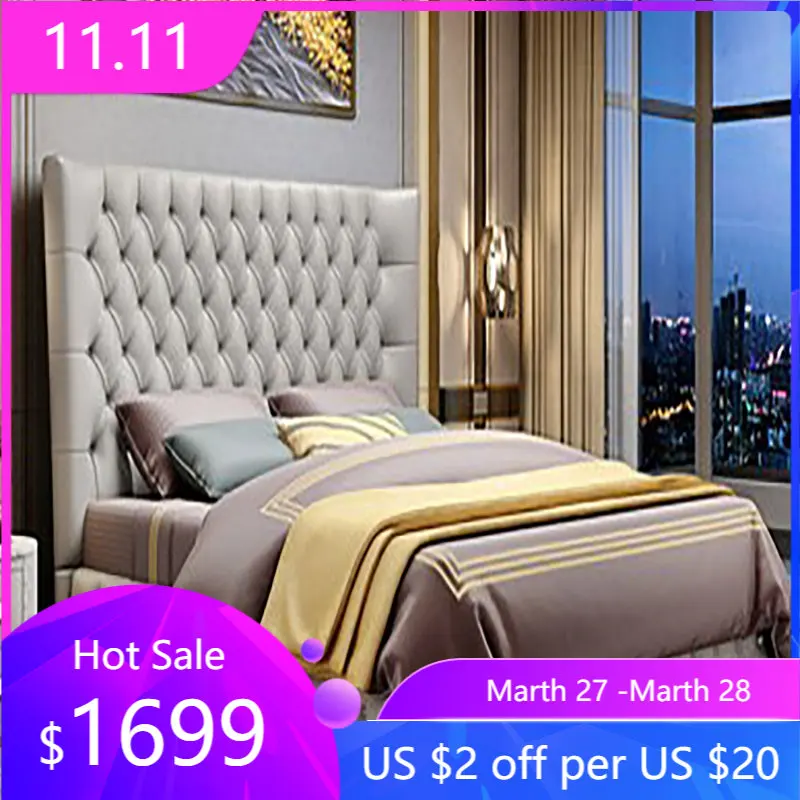 

Italian style light luxury buckle bed modern minimalist high box storage double bed master bedroom large apartment leather
