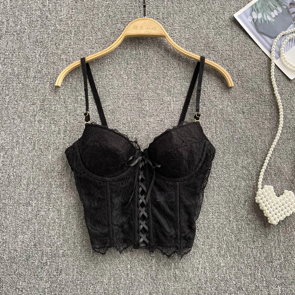 

Women's Vintage Lace Camis Summer Fashion Sleeveless Tank Top Cross Lacing Corset Black Slim Hot Sweet Tunic Sexy Bustiers Y2k