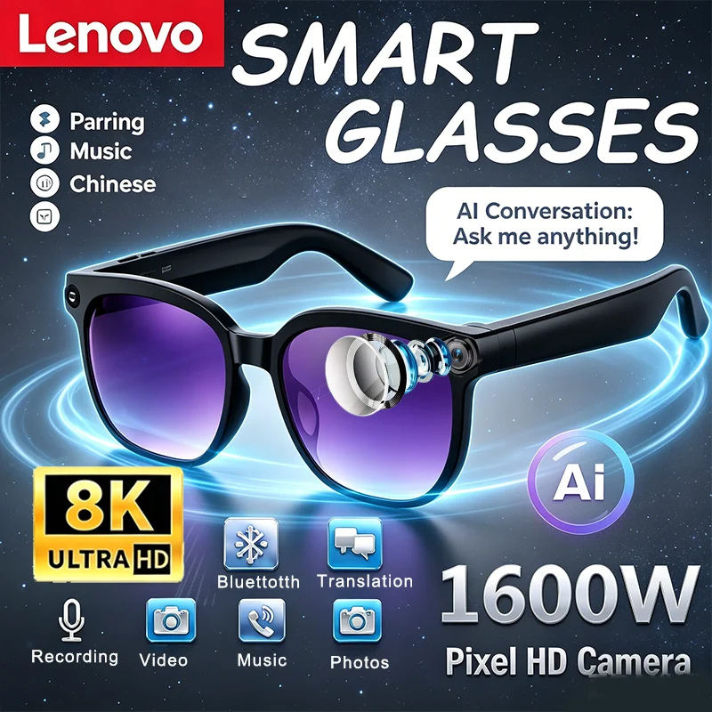 Фото Умные очки Lenovo с ИИ и пультом ДУ, камера 8K, запись фото, Bluetooth 5.4, сенсорный переводчик, голосовой помощник, беспроводные солнцезащитные очки №1