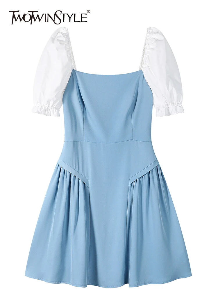 

Женское платье с квадратным воротником TWOTWINSTYLE, разноцветное мини-платье с пышными рукавами и высокой талией, новинка