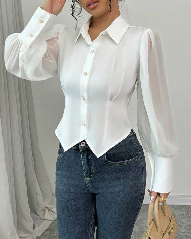 2024 блузка с отложным воротником и рукавами-фонариками Ciff затягивающаяся талия