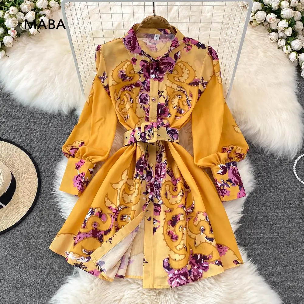 

Za Dress 2022 Spring Women Turn Down Collar Lantern Sleeve Sashes Single Breasted Vintage Print Floral Yellow Short Dress Robes