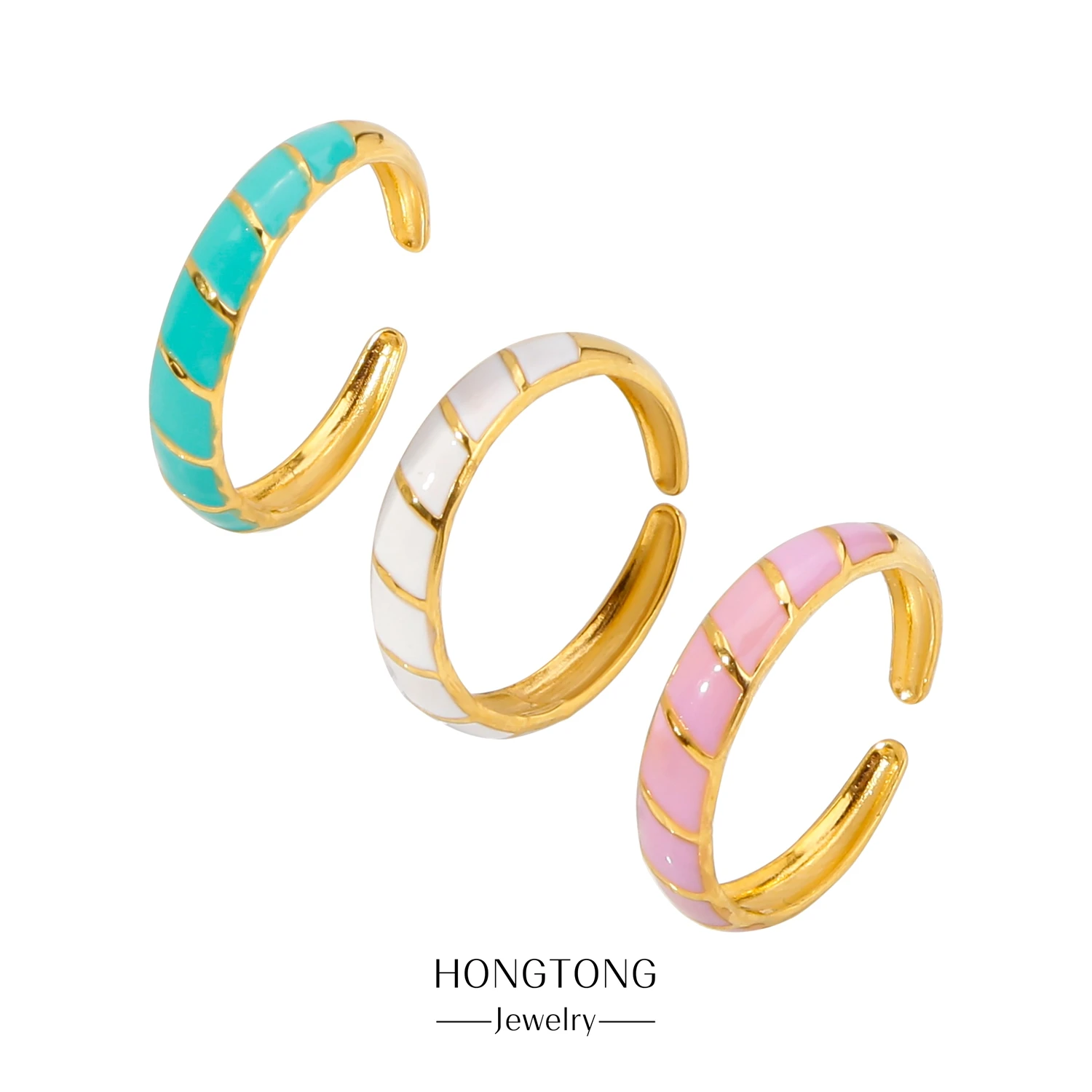 

HONGTONG18K Gold Plated New Fashion Charm Women's Three-Color Oil Pressure Best-Selling Stainless Steel Ring Jewelry