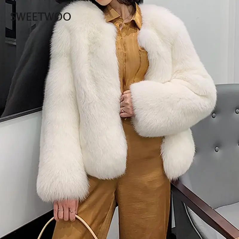 High Quality Faux Fox Fur Coat Women Winter Warm Long Sleeves Thick Fur Jacket Coat Female 2021 New Fashion Elegant Tops Slim