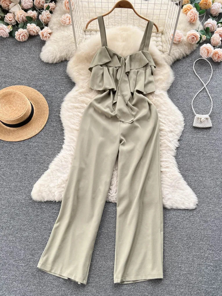 

Foamlina New Women Summer Jumpsuits Fashion Streetwear Solid Spaghetti Strap Sleeveless High Waist Ruffles Wide Leg Long Rompers