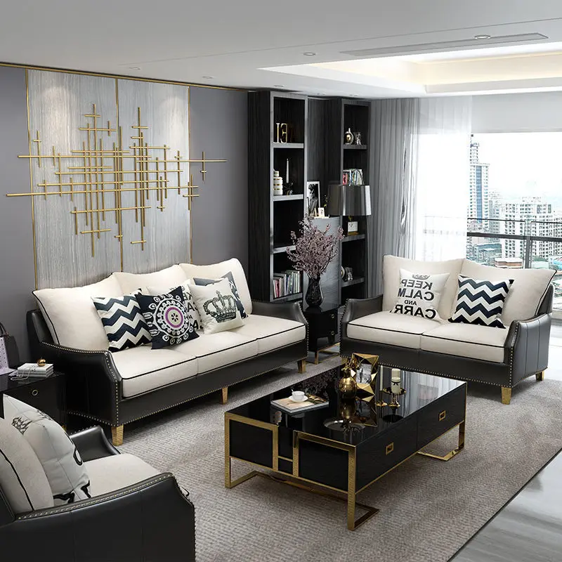 

Sofa Combination American Light Luxury Living Room Leather Sofa Nordic Minimalist Postmodern Leather Sofa Small Family Fabric