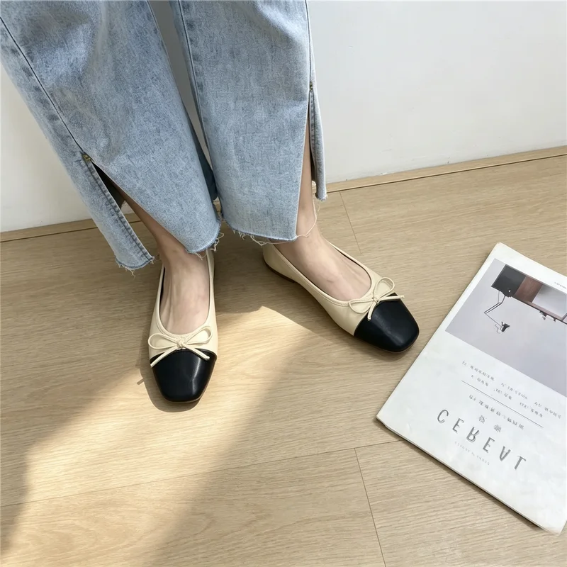Фото Elegant Small Fragrance Women Flat Shoes Color Block Bowknot Square Toe Soft Leather Ballerina Slip On Casual Office Walking Shoes Zapatillas De Mujer №3