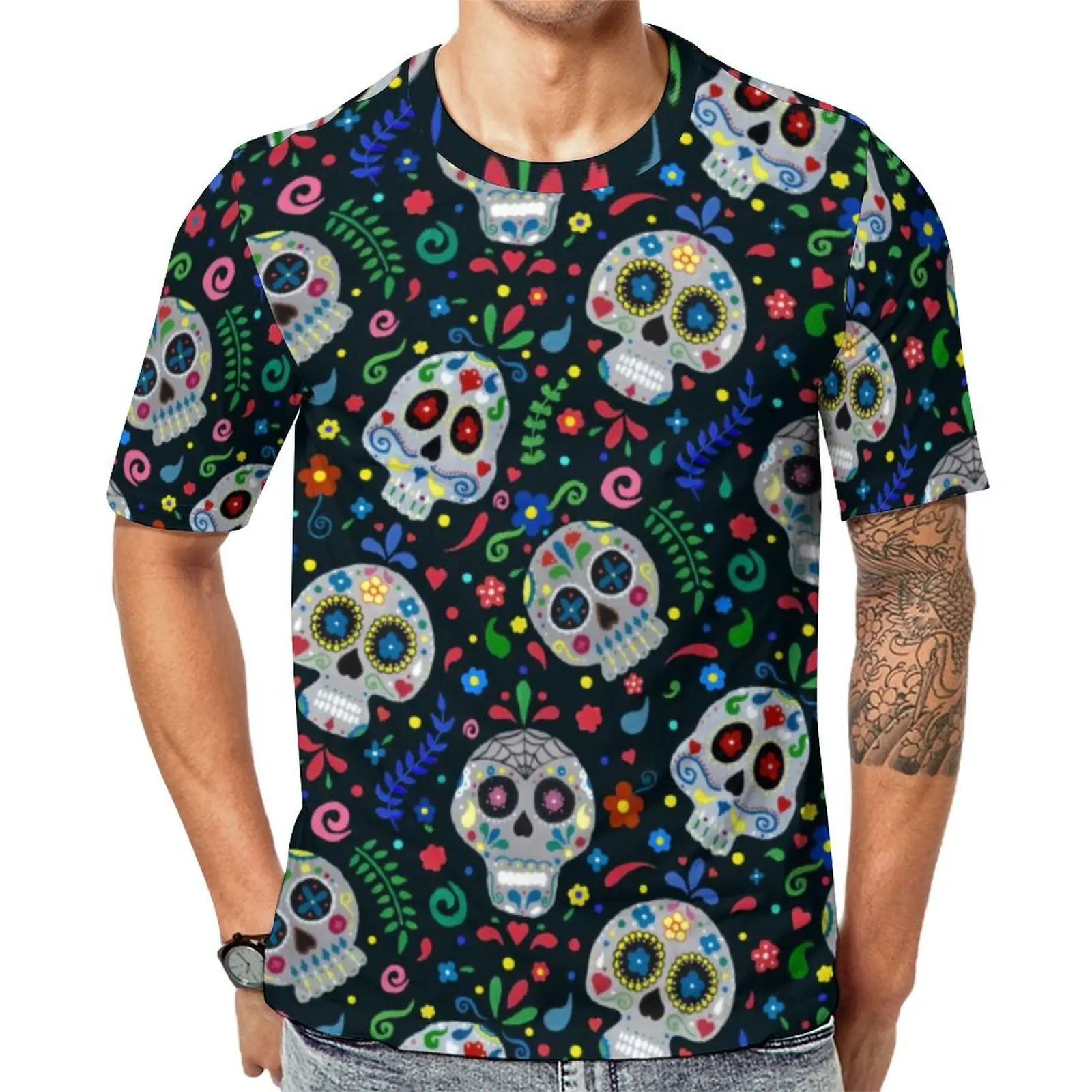 

Dia De Los Muertos Sugar Skull T-Shirt Floral Print Y2K T Shirts Crew Neck Trending Tshirt Original Male Custom Top Tees 5XL 6XL