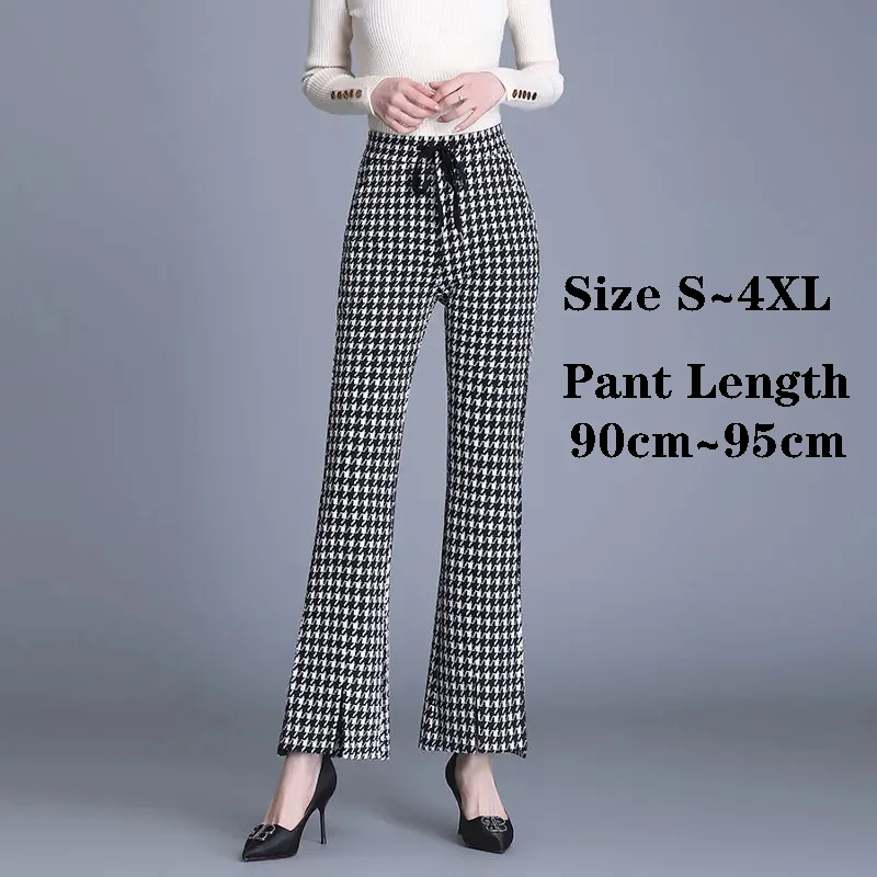 Vintage Split Houndstooth Flare Pants Women Slim Lace Up High Waist Pantalones 90-95cm Ankle Capris Elegant Bell-Bottom Trousers