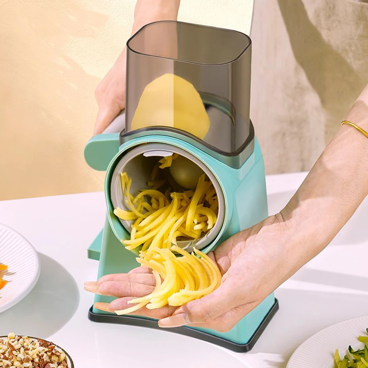 

L Vegetable Chopper with 2 Stainless Steel Blades Hand Cranked Food Slicer Multifunctional Large Capacity Veggie Dicer