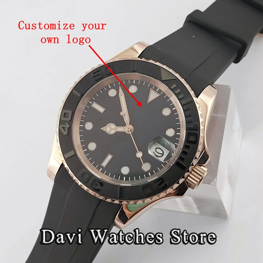 40mm Sterile Top Mens Watches Rose Gold Case Rubber Strap Sapphire Luminous NH35 Automatic Movement Men's Wristwatch