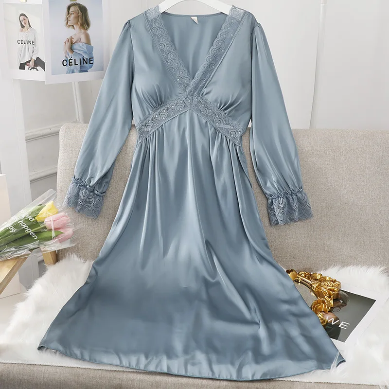 

Summer Sexy Lace Trim V-Neck Silk Satin Nightgown Bride Nighties Nightdress Long Sleeve Sleepwear Nightwear For Women Nightshirt